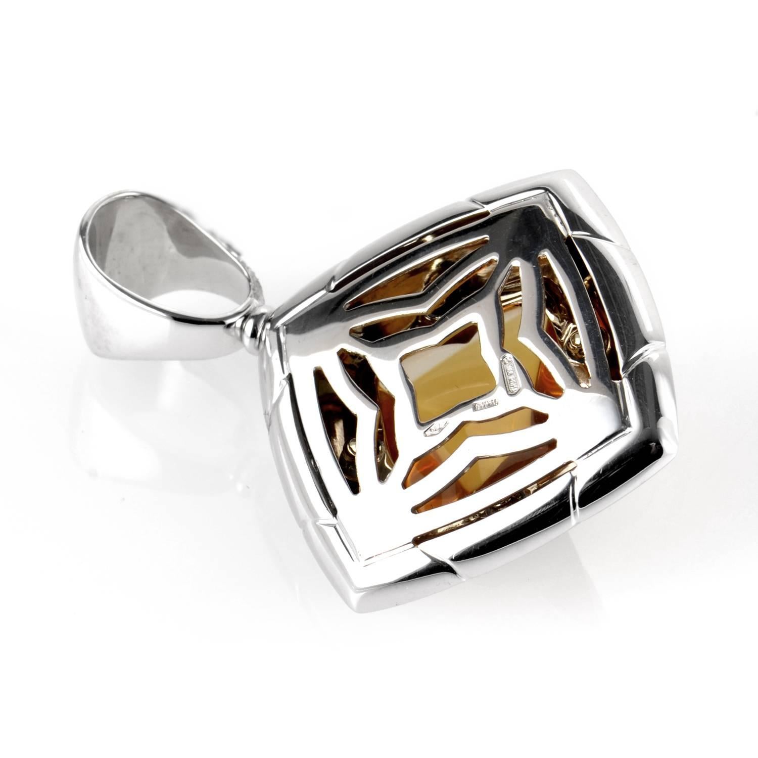 This chainless pendant from Bvlgari's Piramide Collection is unique and one of a kind. It is made of 18K white gold and boasts a ~7.10ct citrine stone. This piece would go wonderfully with other pieces from Bvlgari's Piramide Collection.