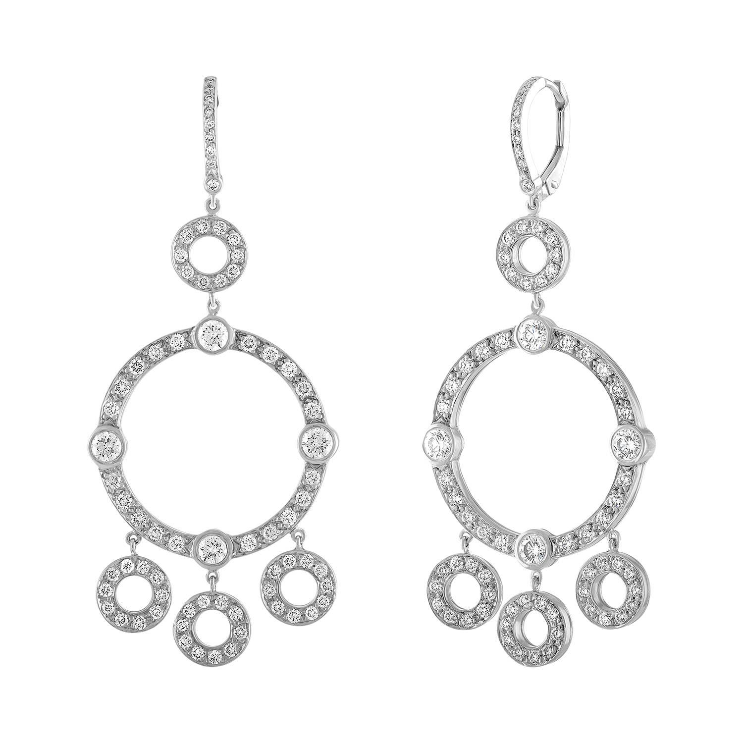 18 Karat White Gold and Diamond Circle Drop Chandelier Earrings For Sale