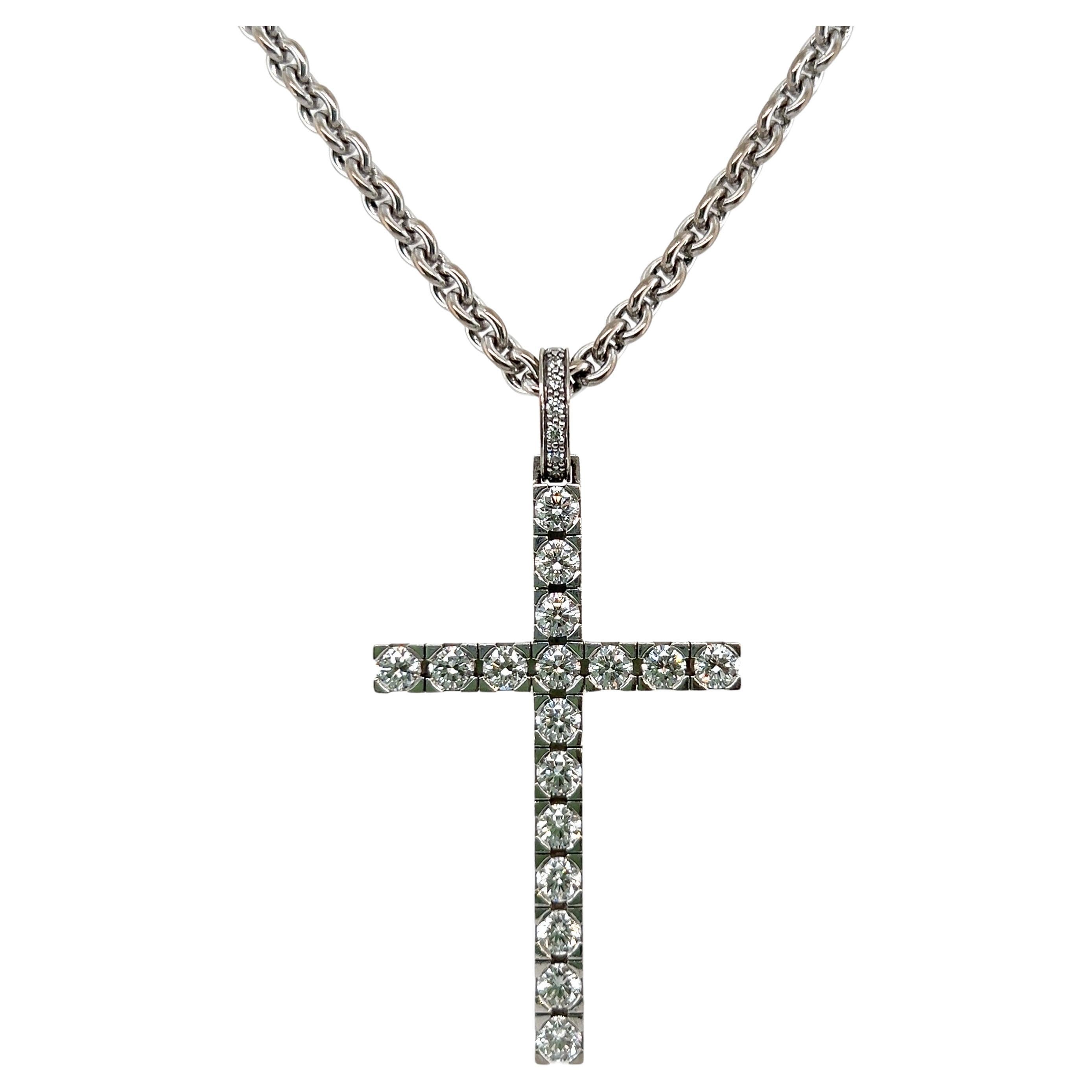 18 Karat White Gold and Diamond Cross Pendant with Chain by Meister For Sale