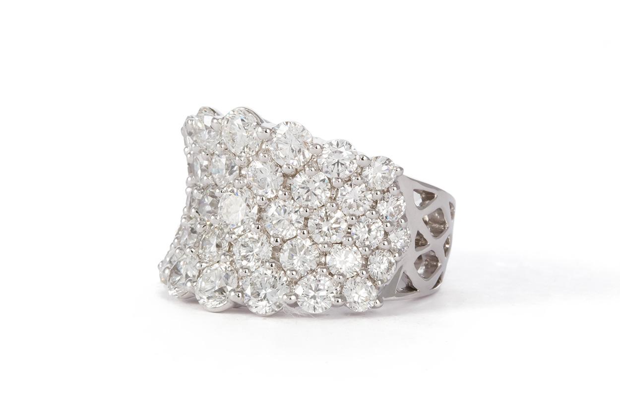 Modern 18 Karat White Gold and Diamond Five-Row Cluster Fashion Ring 3.65 Carat
