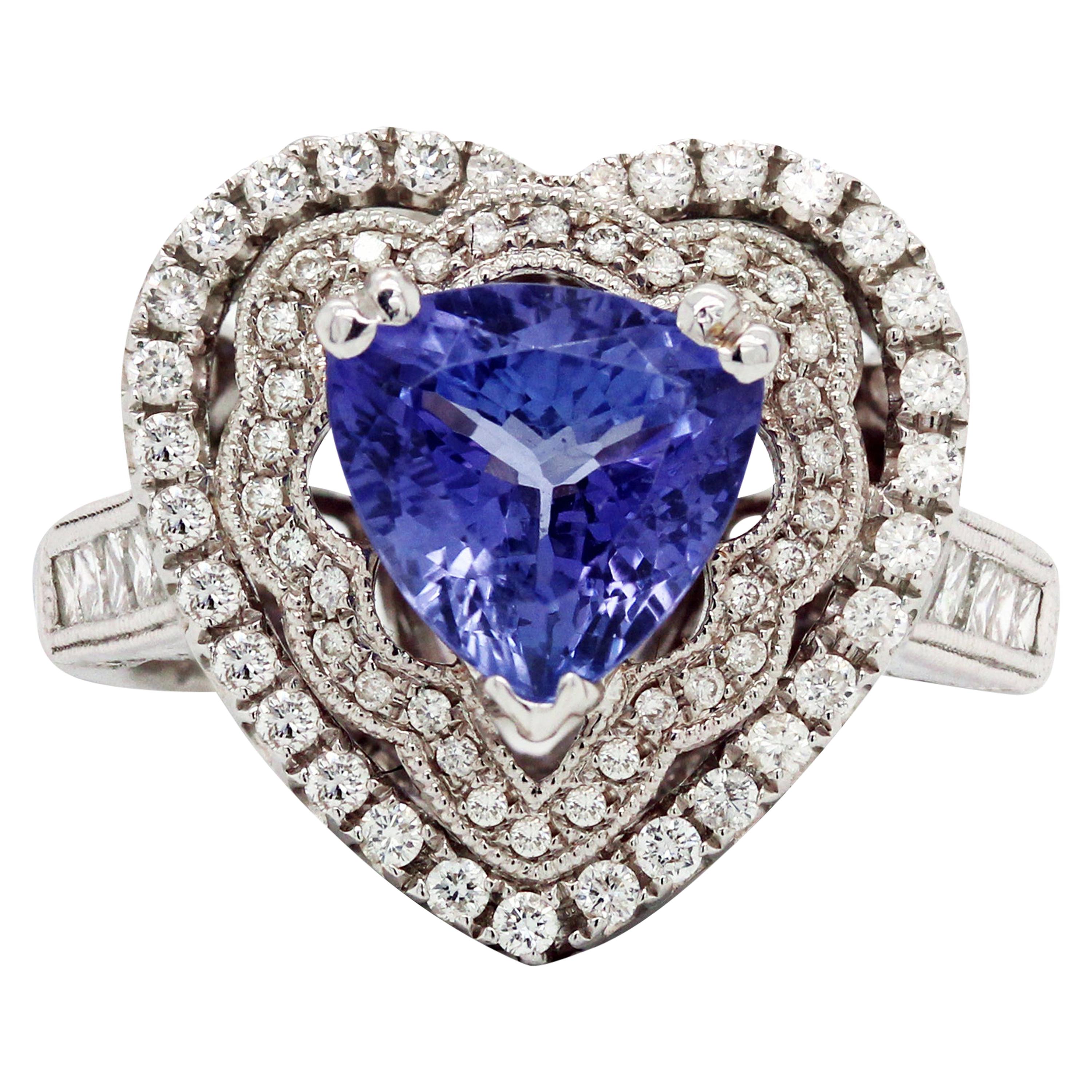 18 Karat White Gold and Diamond Heart Shape Cocktail Ring with Tanzanite Center