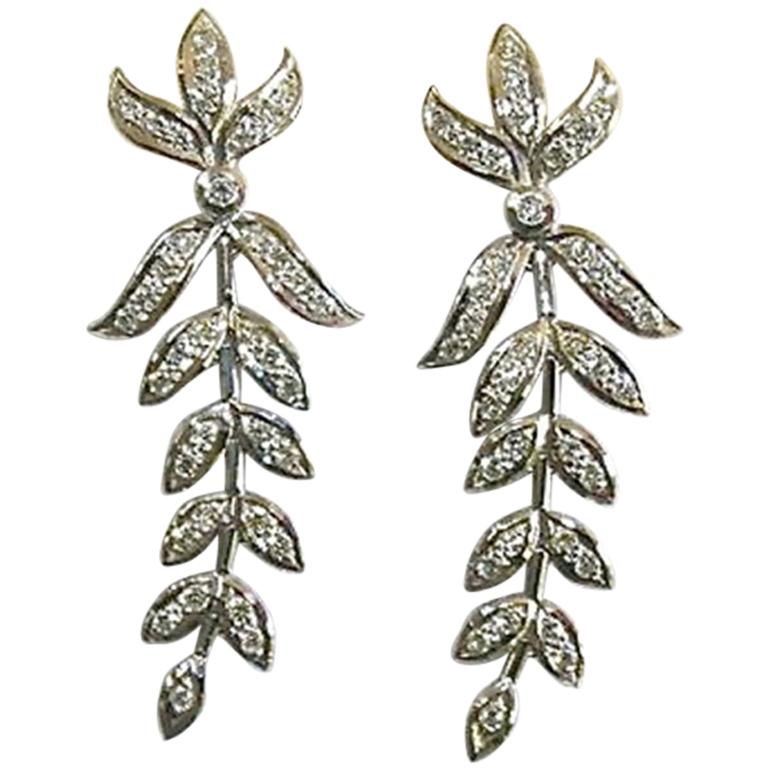 18 Karat White Gold and Diamond Leaf Earrings For Sale