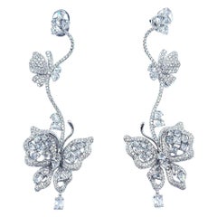 18 Karat White Gold and Diamond Long Butterfly Dangle Earrings