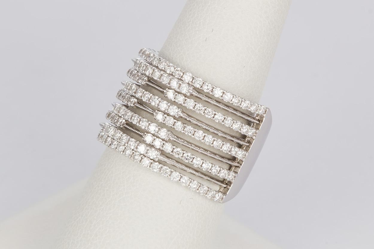 Women's 18 Karat White Gold and Diamond Nine-Row Fashion Cocktail Ring 1.62 Carat