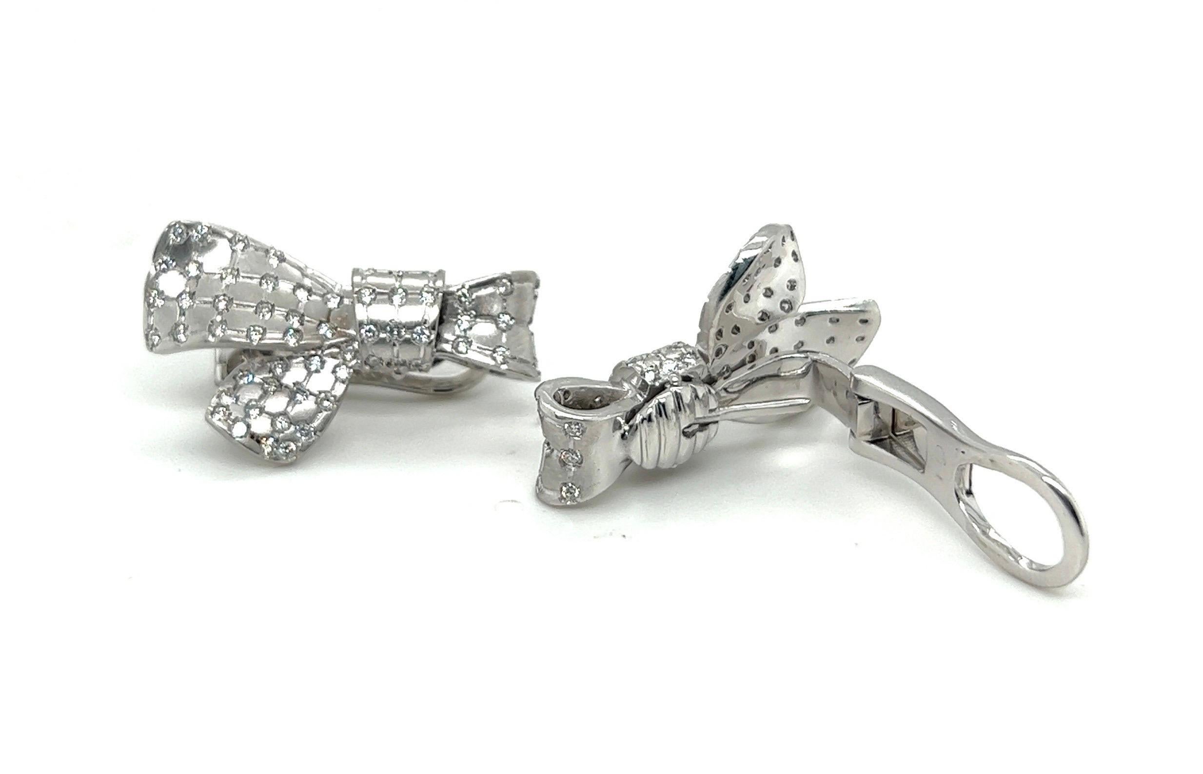 Women's or Men's 18 Karat White Gold and Diamond Ribbon Bow Earclips For Sale