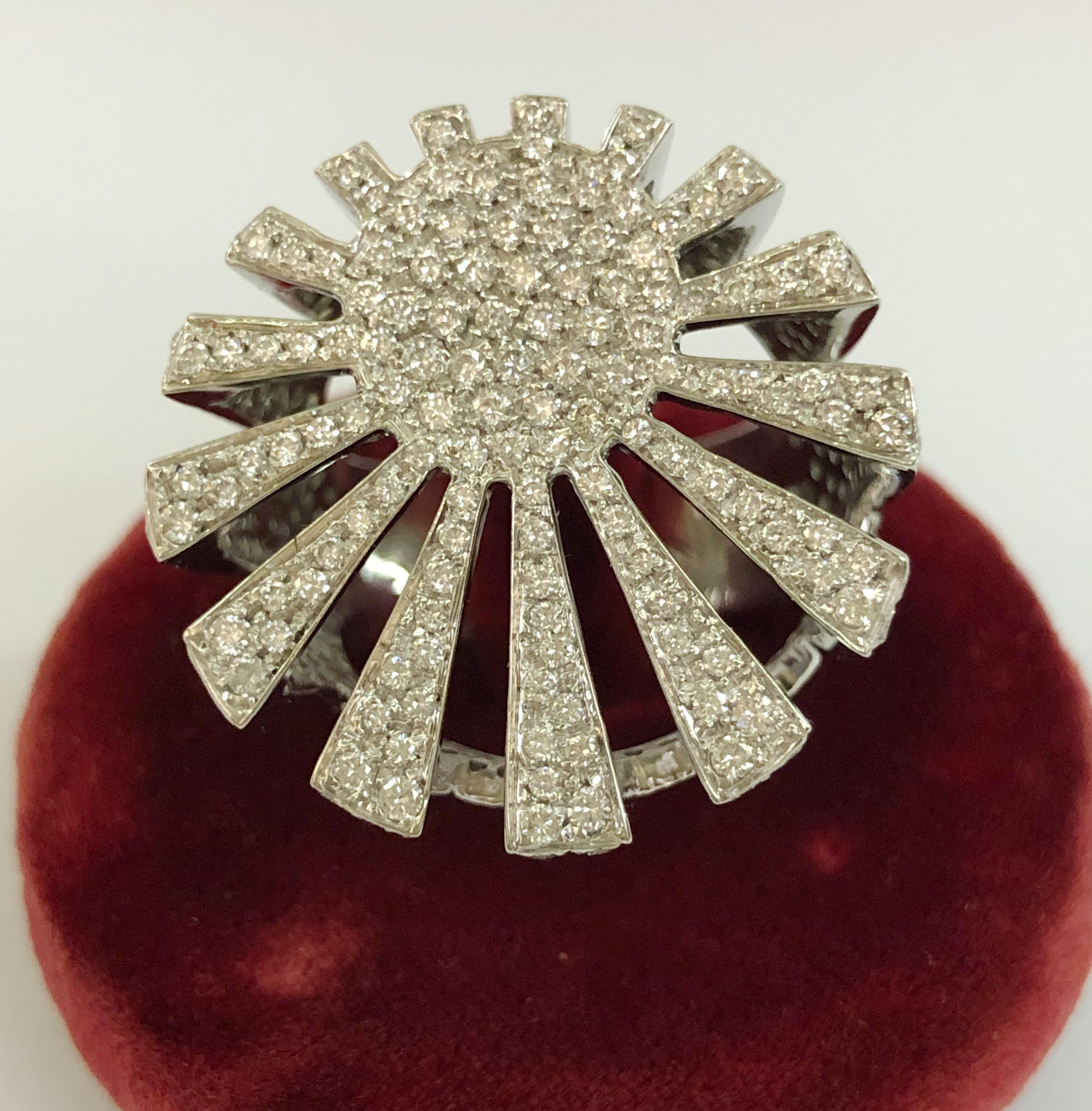 Women's or Men's 18 Karat White Gold and Diamond Sunburst Ring For Sale