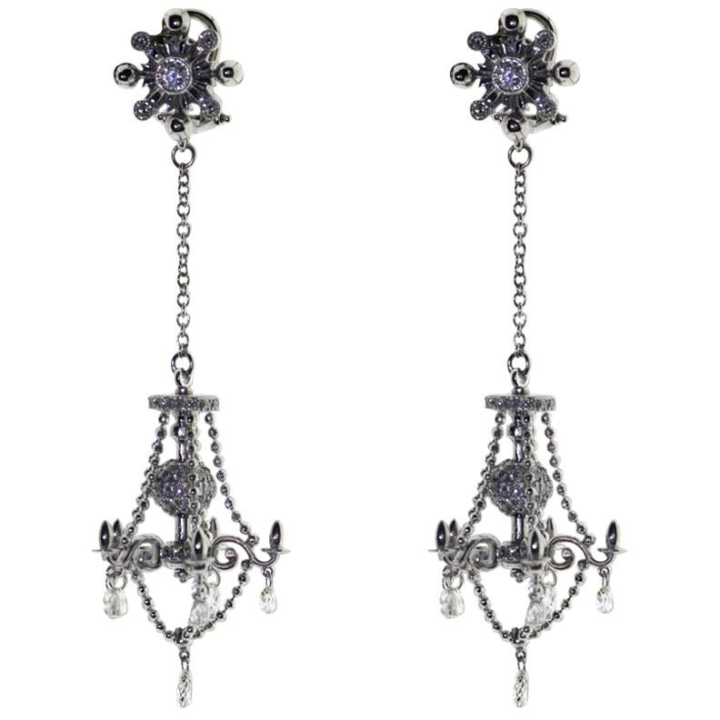 120 White Diamonds and 18k White Gold Victorian Style Chandelier Drop Earrings For Sale
