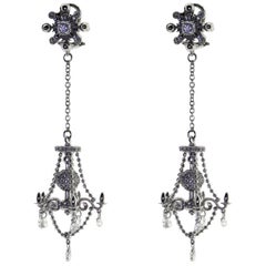 120 White Diamonds and 18k White Gold Victorian Style Chandelier Drop Earrings