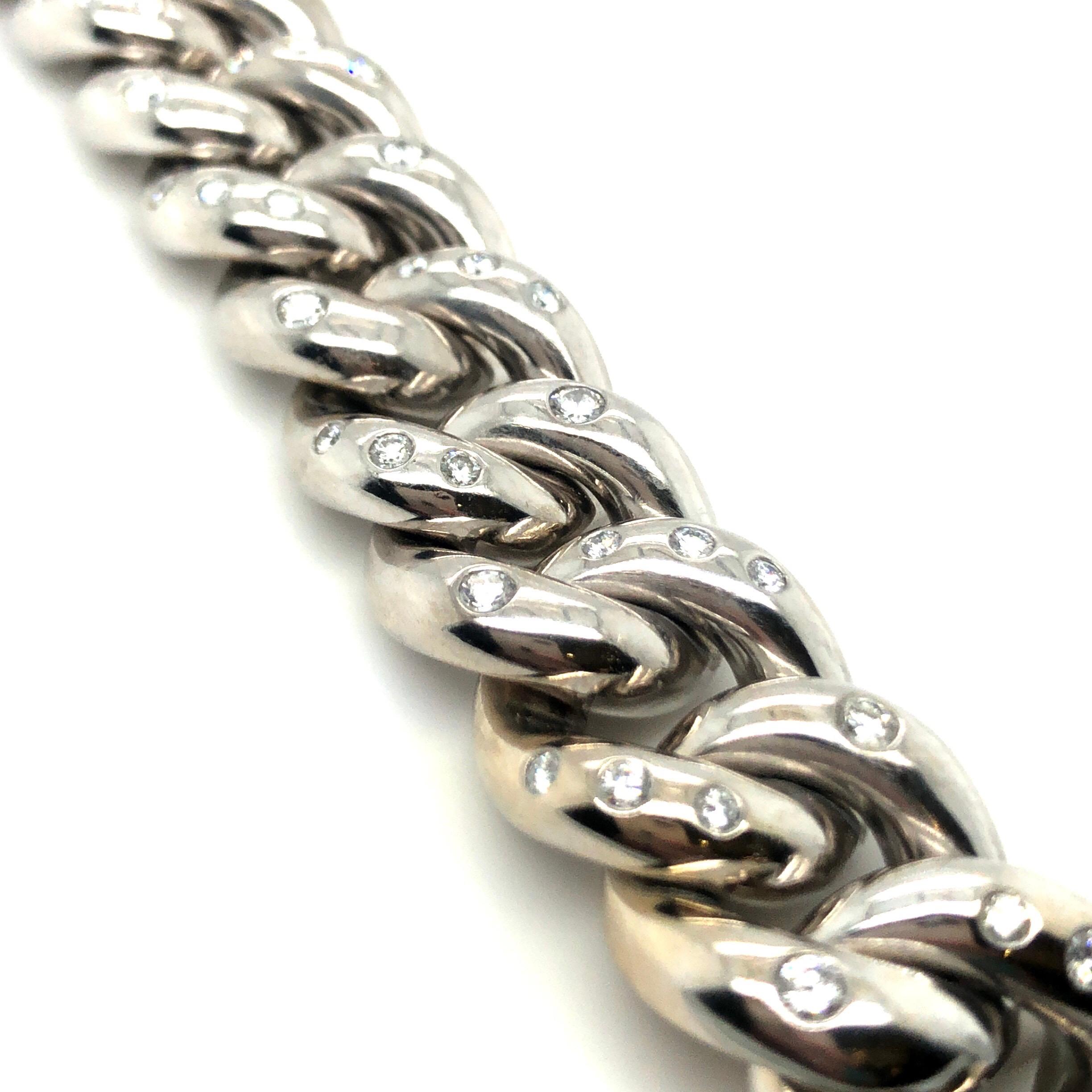 Women's or Men's 18 Karat White Gold and Diamonds Curb Chain Bracelet