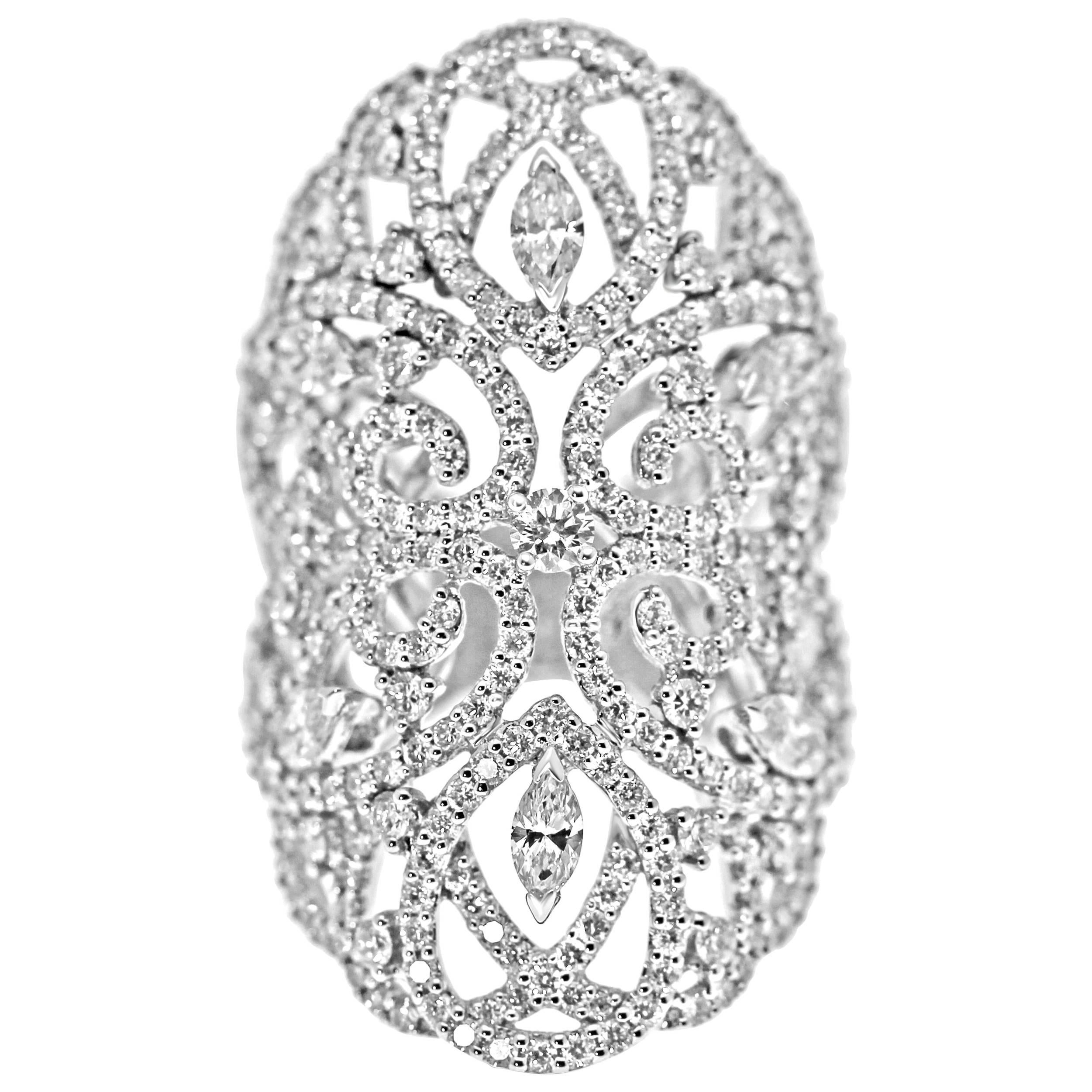 18 Karat White Gold and Diamonds Lace Statement Ring For Sale