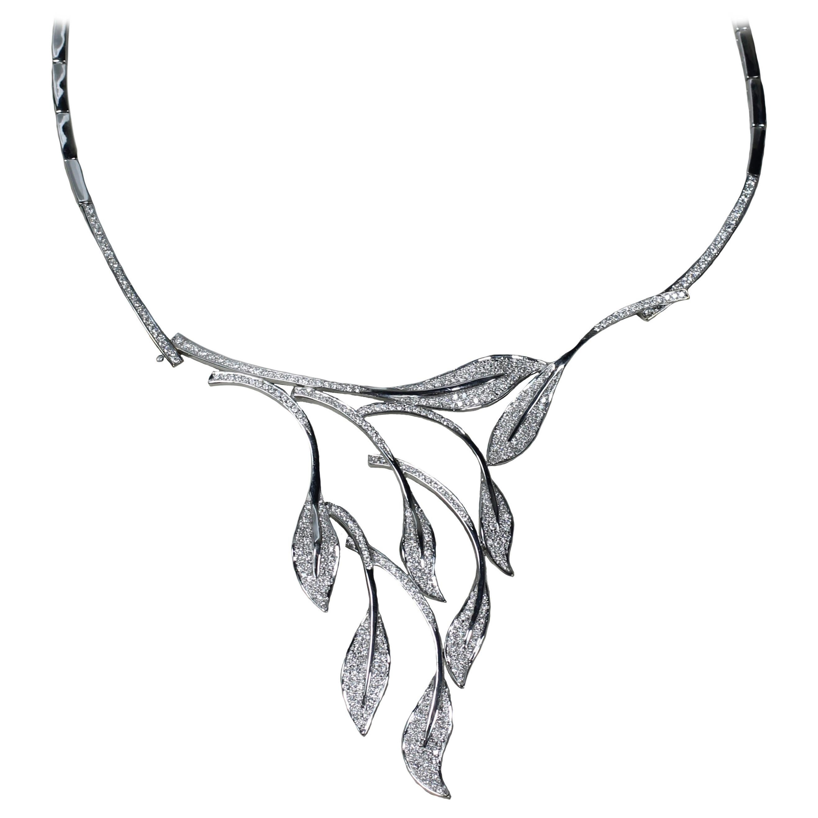 Diamond Pave Leaves in 18 Karat Gold Drop Statement Necklace For Sale