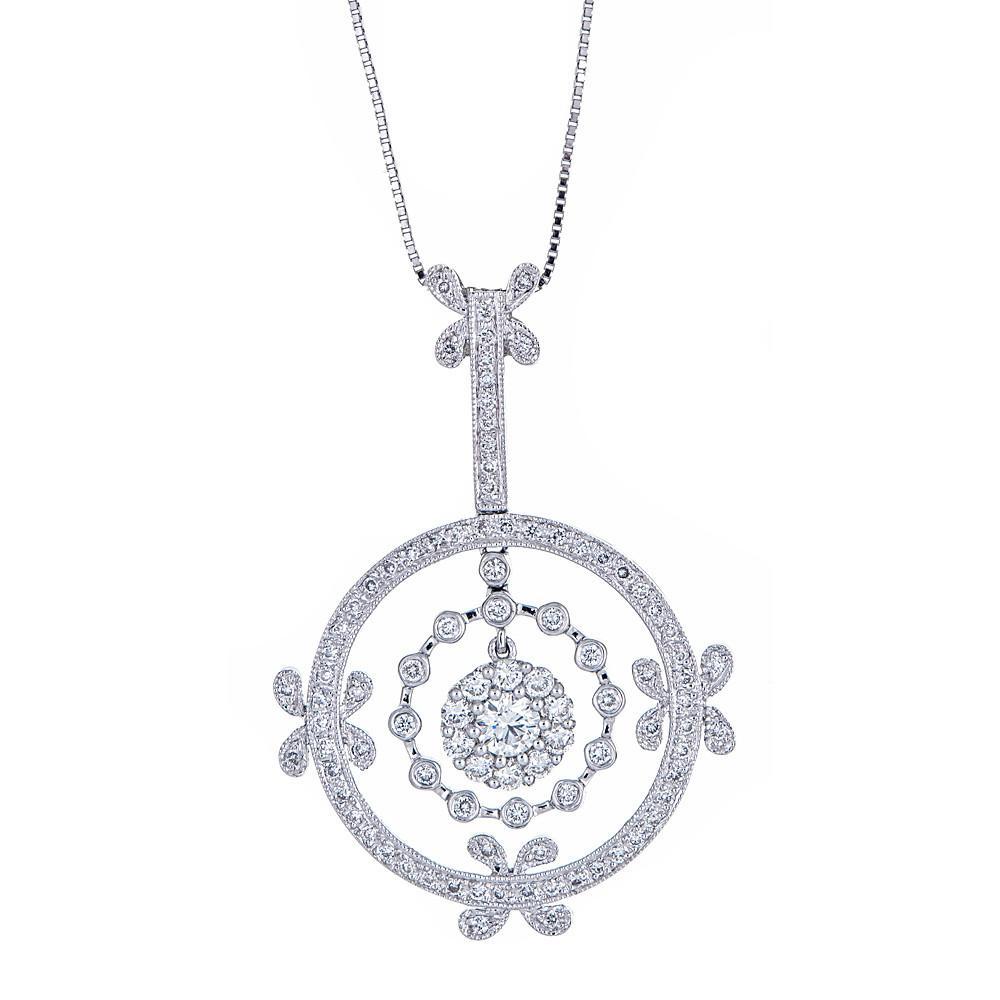 Diamond Accents Circle Vintage Pendant Necklace in Fine 18 Karat White Gold