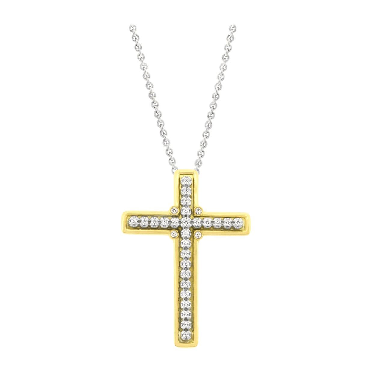 18 Karat White Gold and Gold Diamond Cross Pendant on a 18 Karat Gold Chain For Sale