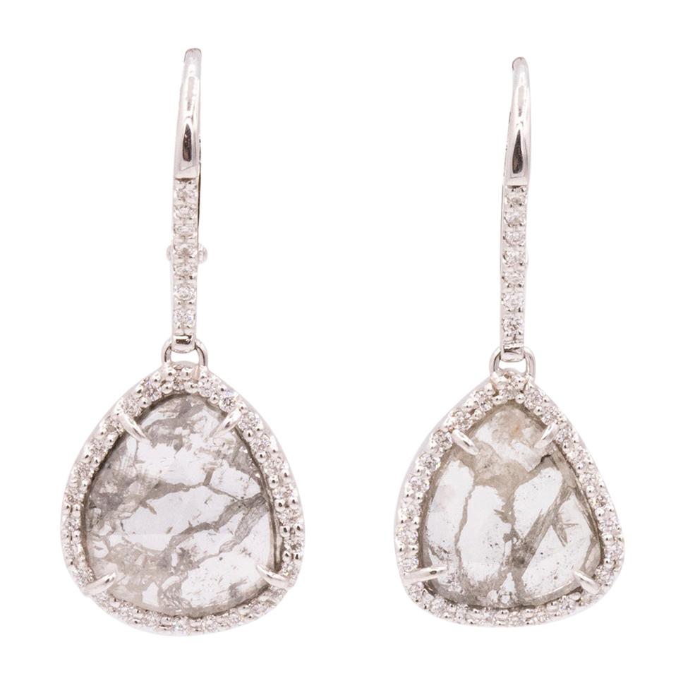 18 Karat White Gold and Natural Diamond Slice Drop Earrings