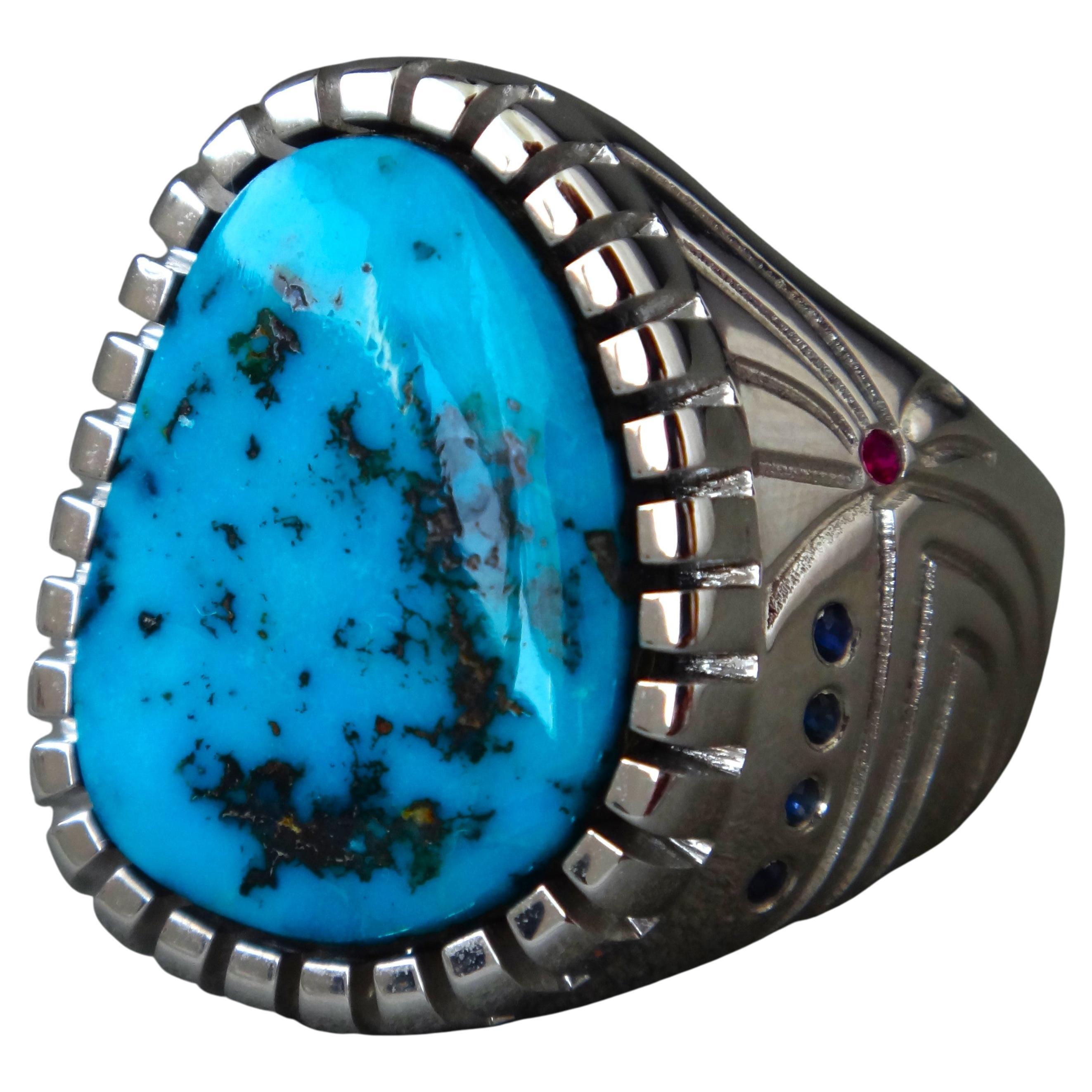 18 Karat White Gold And Natural Kingman Ithaca Turquoise Ring For Sale