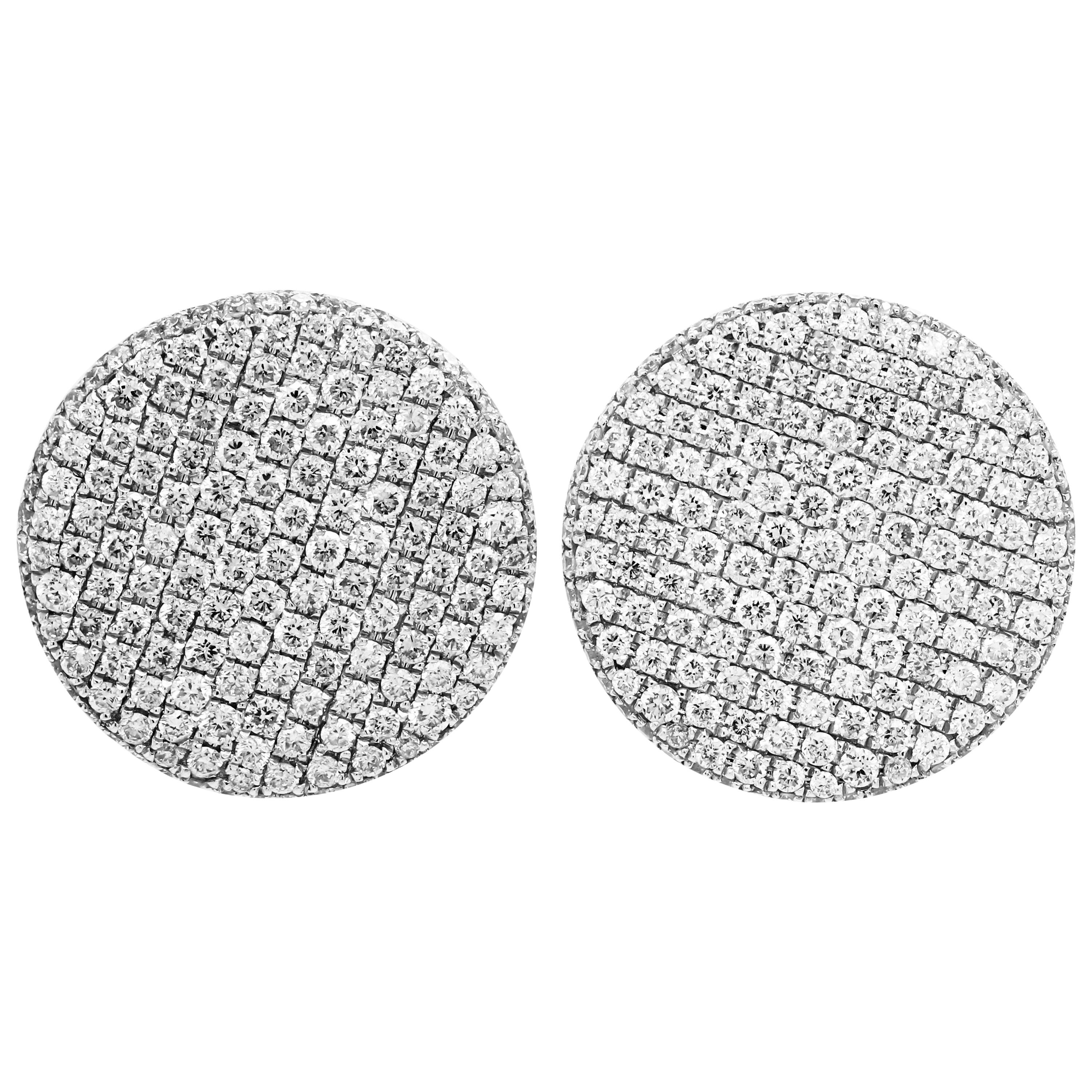 18 Karat White Gold and Pavé Set Diamond Circle Disk Stud Earrings For Sale