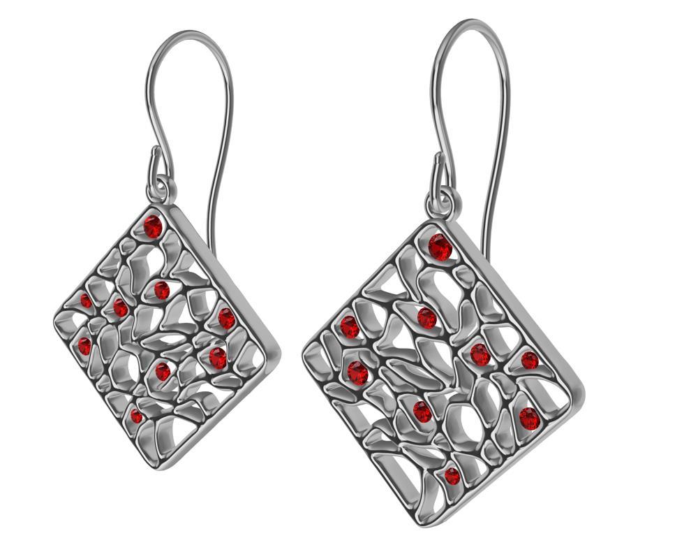 Contemporary 18 Karat White Gold and Rubies Seaweed Dangle Earrings For Sale