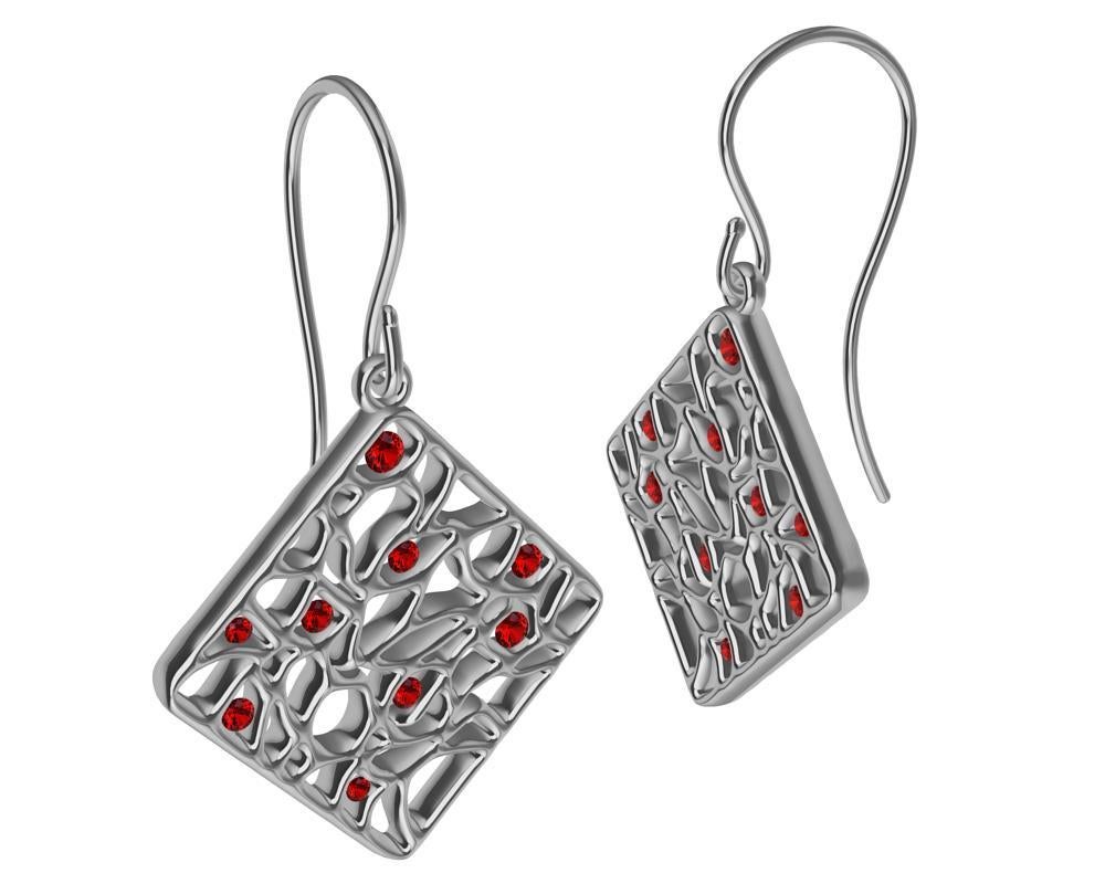 Round Cut 18 Karat White Gold and Rubies Seaweed Dangle Earrings For Sale