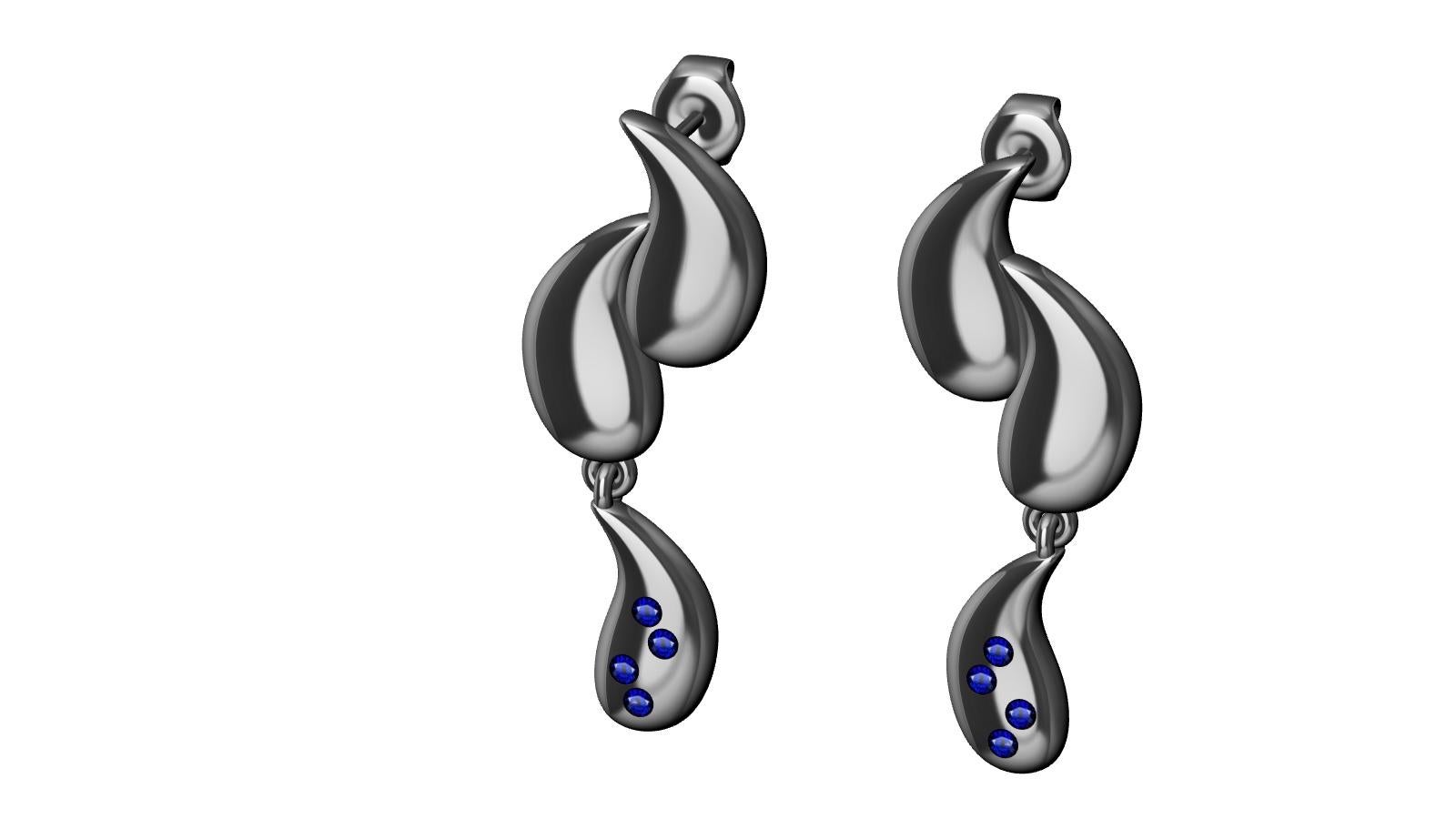 Contemporary 18 Karat White Gold and Sapphires Short Curve Water Drop Earrings For Sale