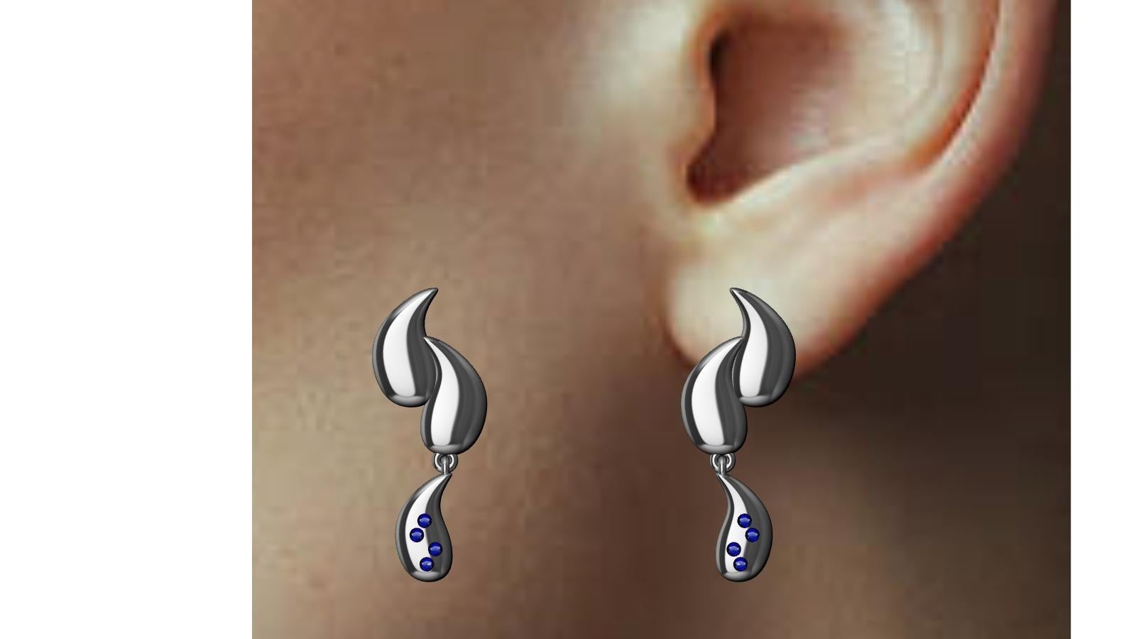 Round Cut 18 Karat White Gold and Sapphires Short Curve Water Drop Earrings For Sale