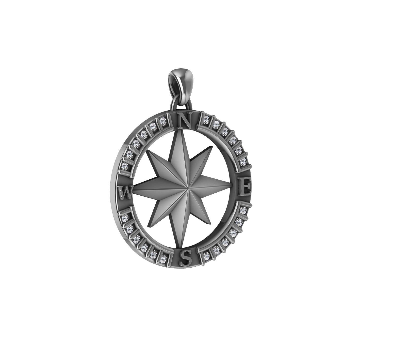 Contemporary 18 Karat White Gold and Sterling Diamond Sailors Compass Pendant For Sale