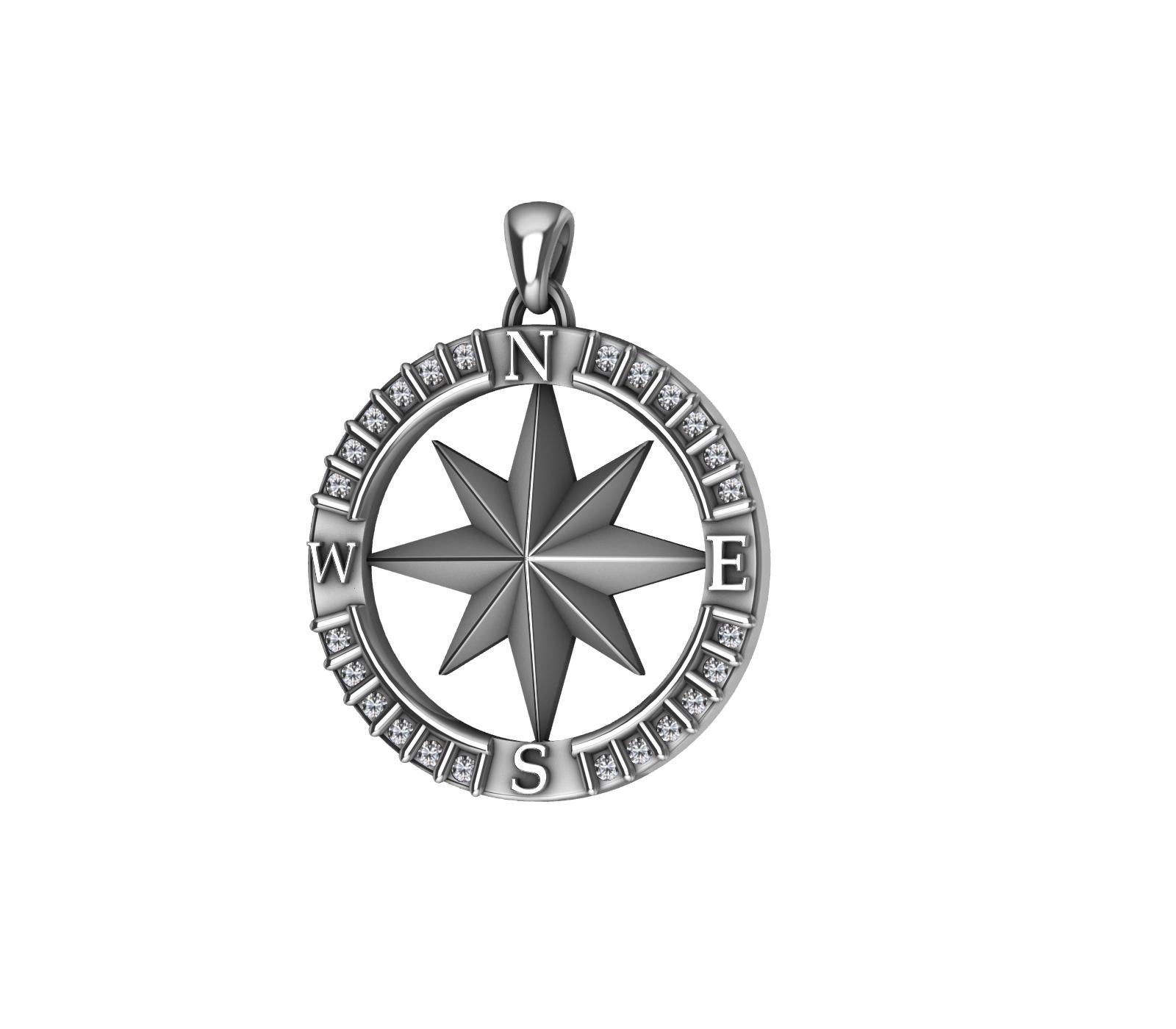 Round Cut 18 Karat White Gold and Sterling Diamond Sailors Compass Pendant For Sale