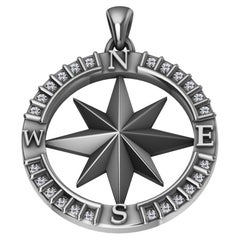 18 Karat White Gold and Sterling Diamond Sailors Compass Pendant