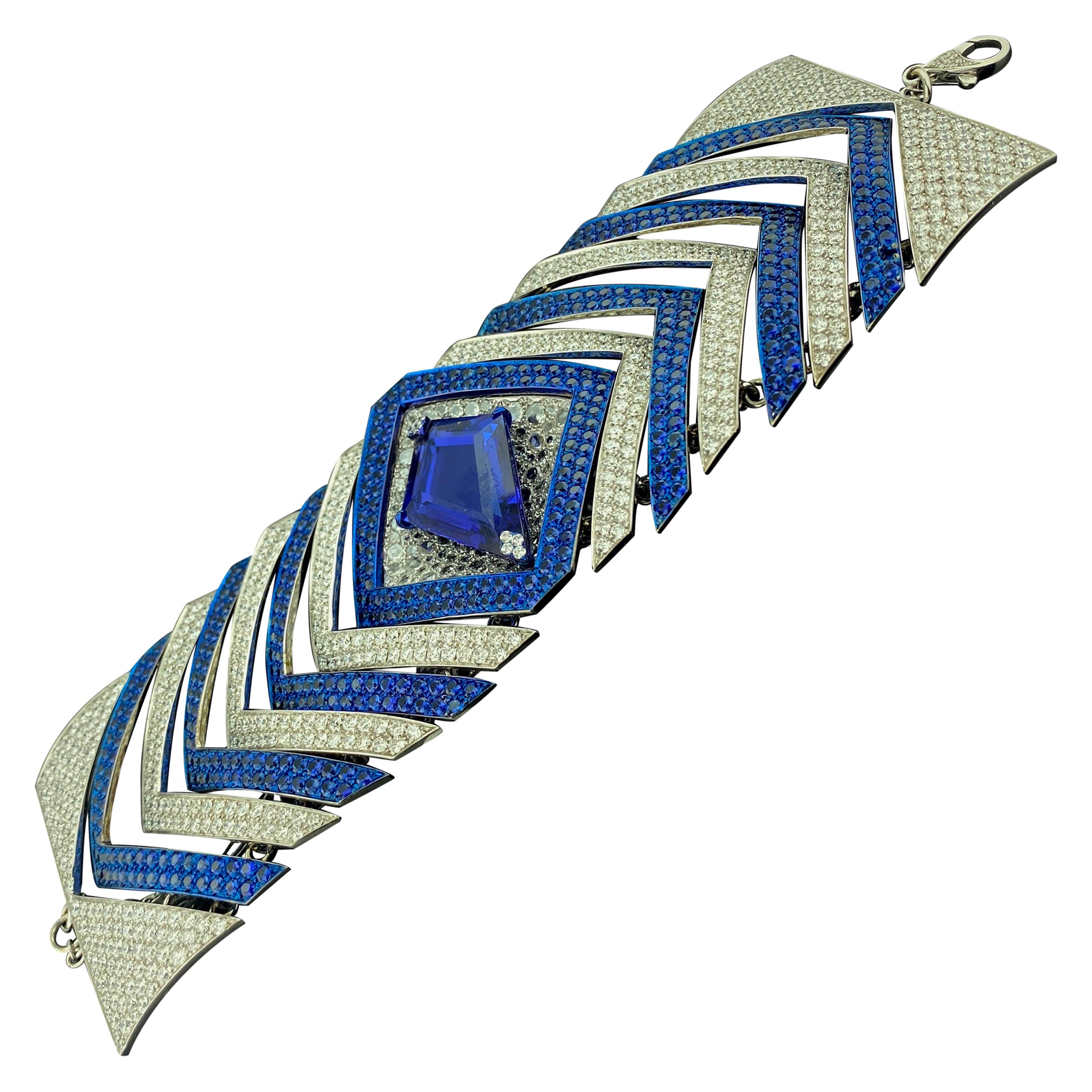18 Karat White Gold and Tanzanite Diamond and Blue Sapphire Bracelet For Sale