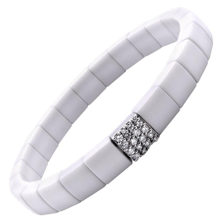 18 Karat White Gold and White Ceramic Diamond Stretch Bracelet