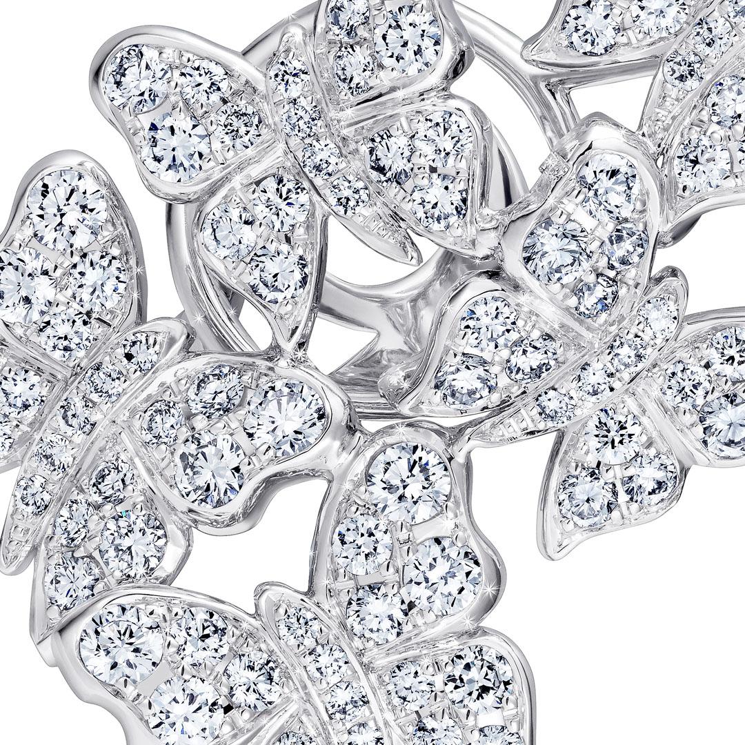 Round Cut 18 Karat White Gold and White Diamonds Butterfly Earrings For Sale