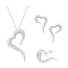 18 Karat White Gold and White Diamonds Small Heart Earrings, Pendant and Ring