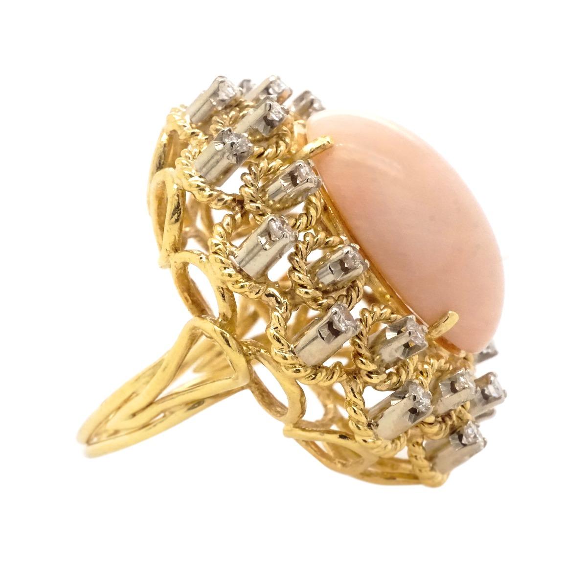 Modern 18 Karat White Gold Angel Skin Coral Diamond Flower Ring