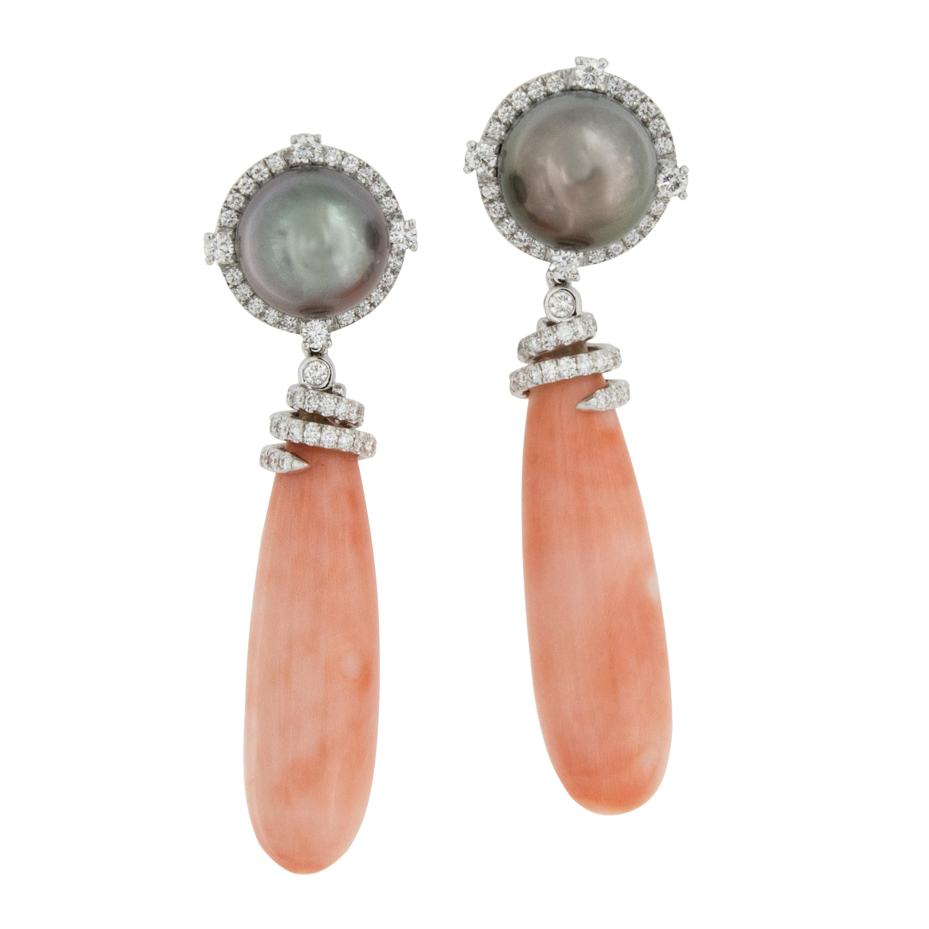 18 Karat White Gold Angelskin Coral and Tahitian Gray Pearl Earrings by Assael