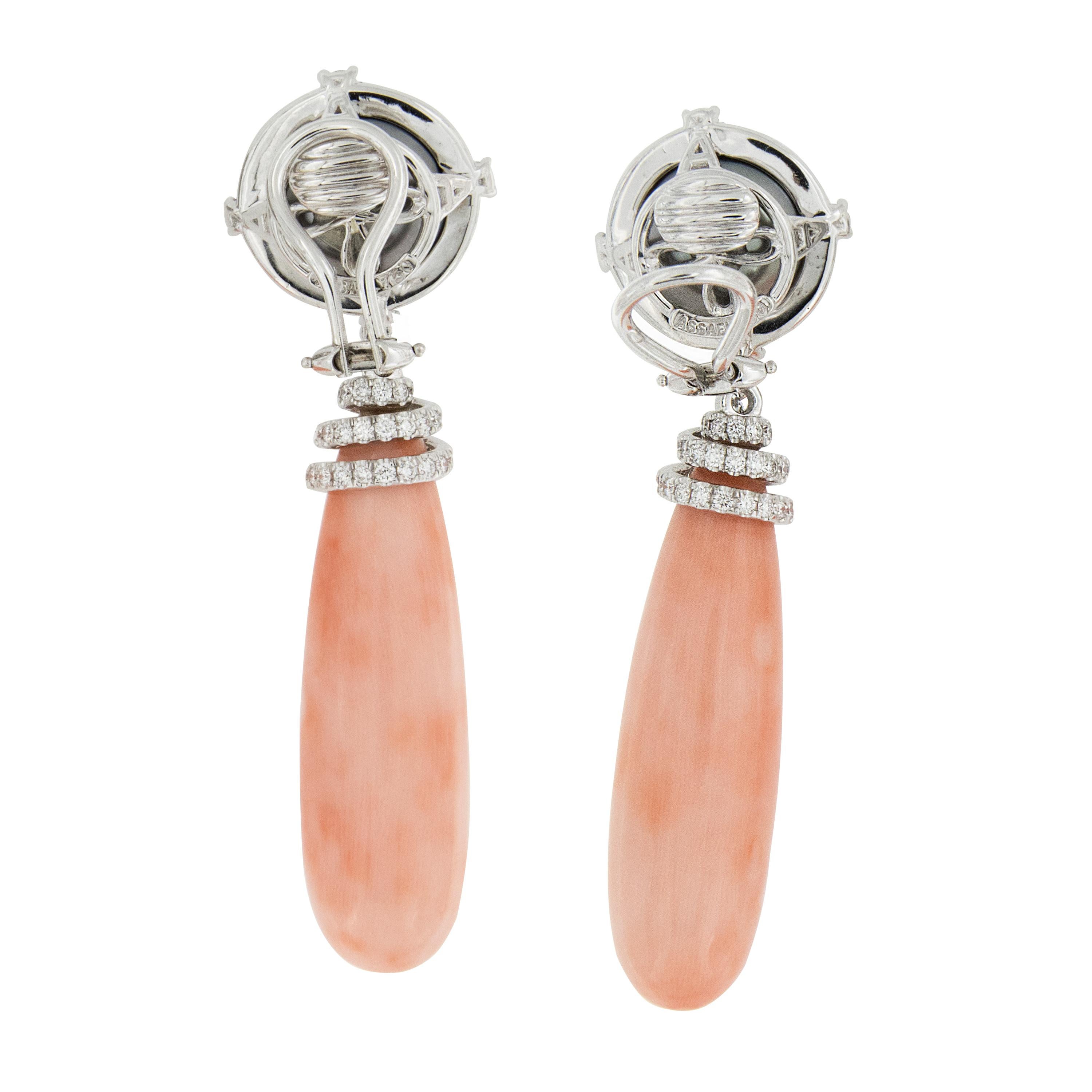 Art Deco 18 Karat White Gold Angelskin Coral and Tahitian Gray Pearl Earrings by Assael