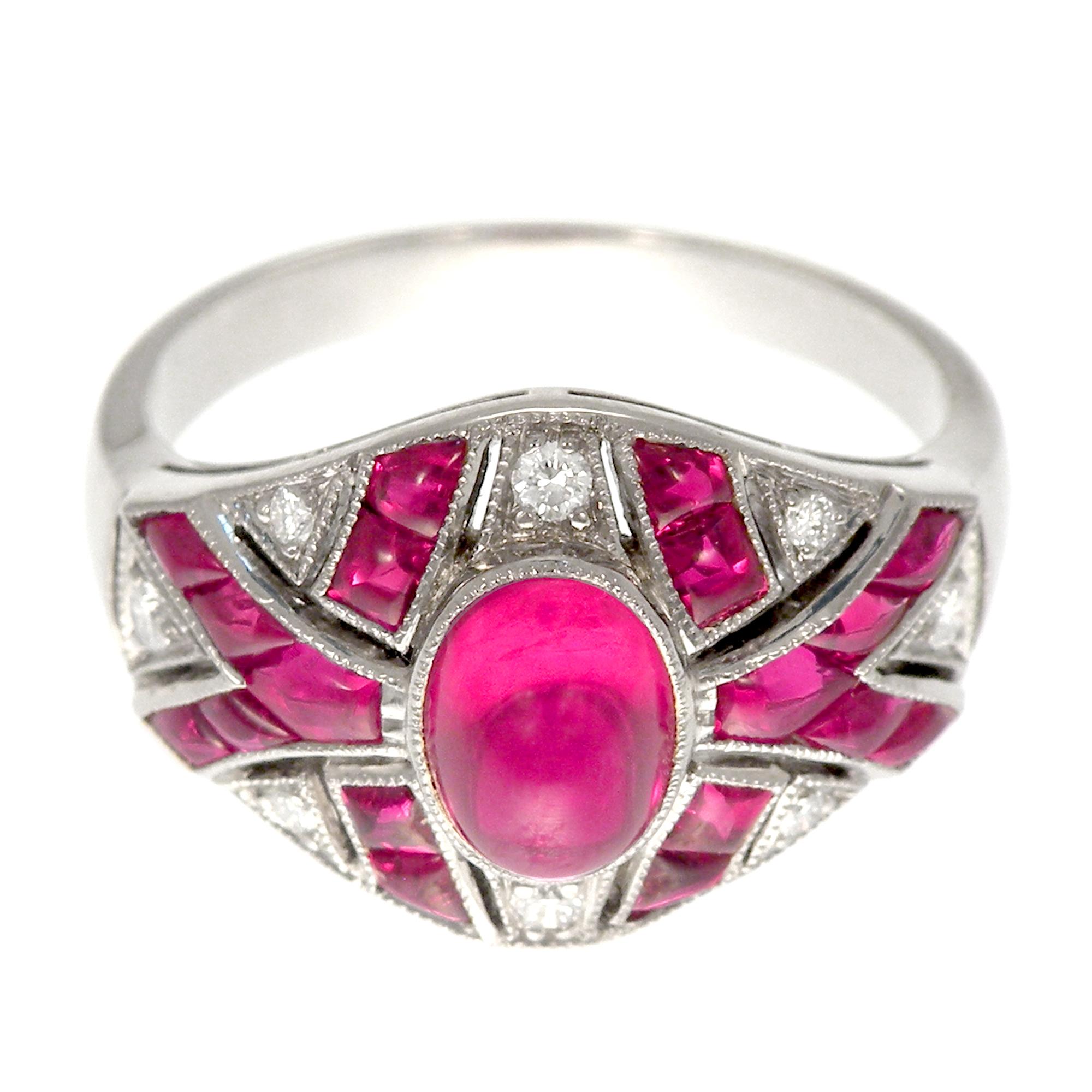Oval Cut 18 Karat White Gold Antique Art Deco Ruby and Diamond Ring For Sale