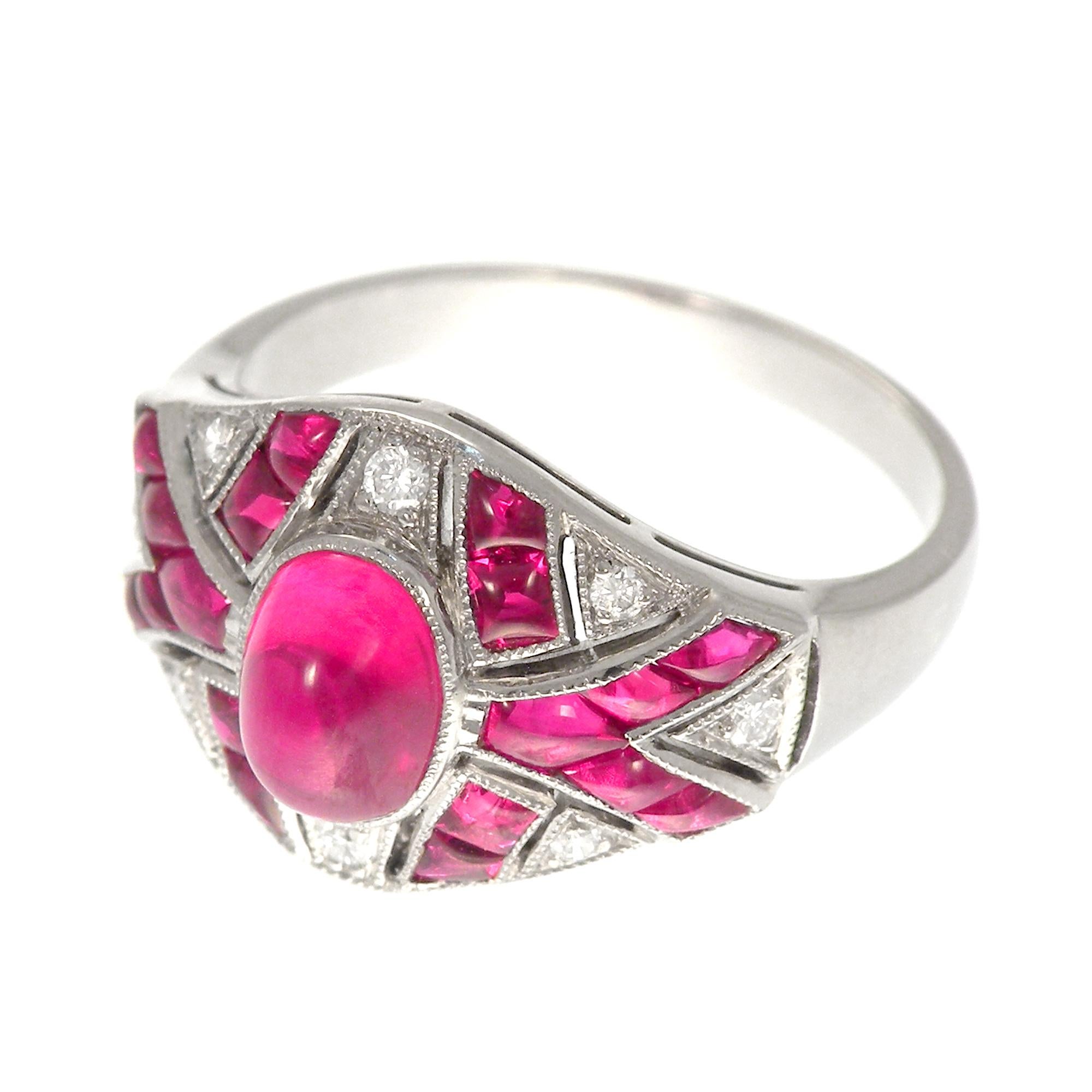18 Karat White Gold Antique Art Deco Ruby and Diamond Ring In New Condition For Sale In Bangkok, TH