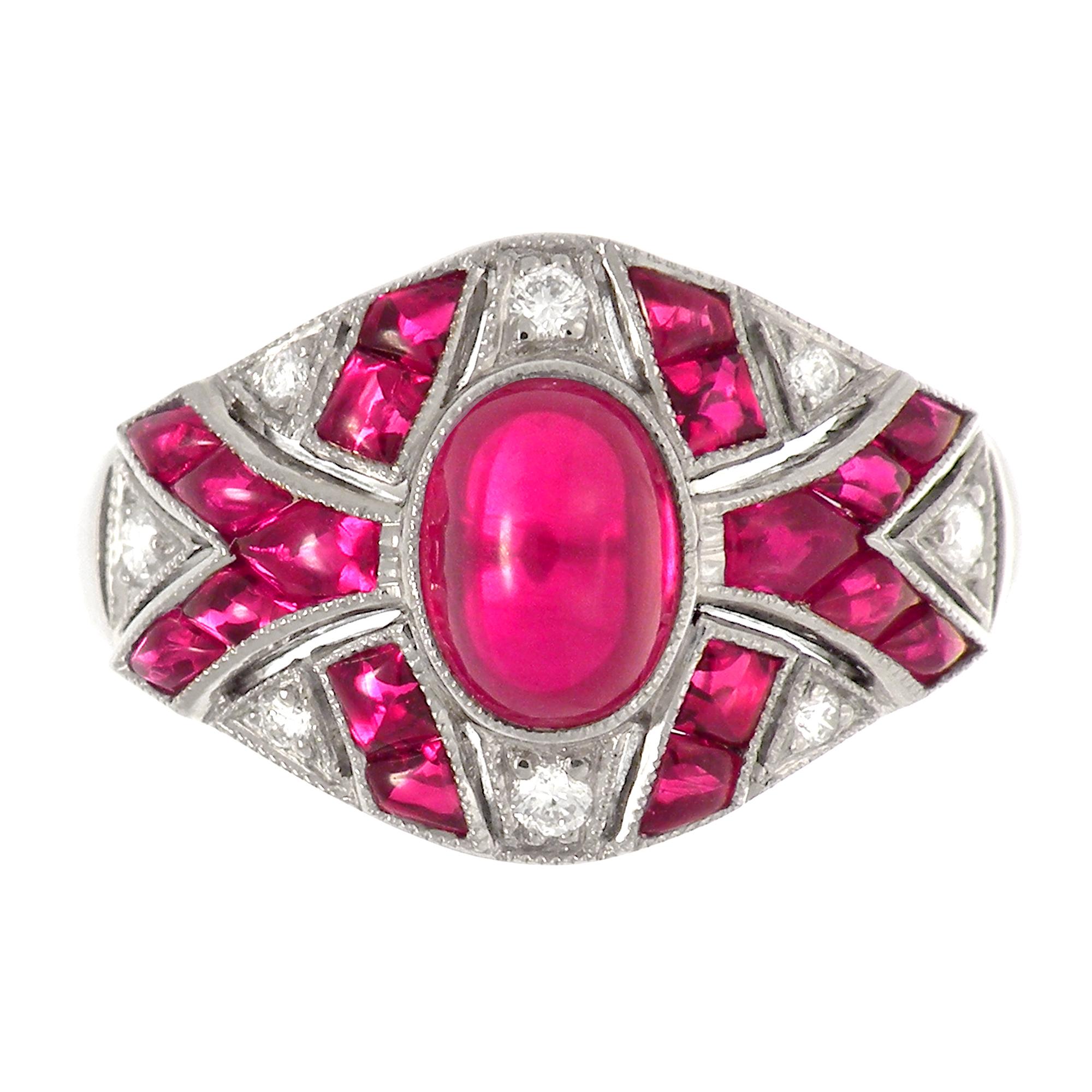 18 Karat White Gold Antique Art Deco Ruby and Diamond Ring For Sale