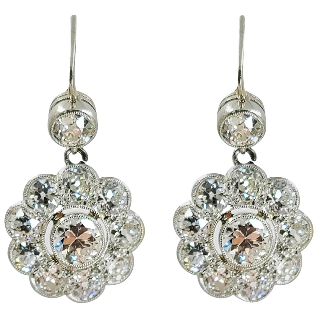 18 Karat White Gold Antique Diamond Cluster Flower Drop Earrings