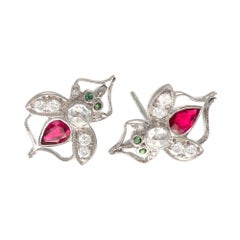 18 Karat White Gold Antique Ruby Bee Stud Earrings