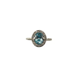 18 Karat White Gold Aquamarine and Cubic Zirconia Halo Ring Size 8 #21697