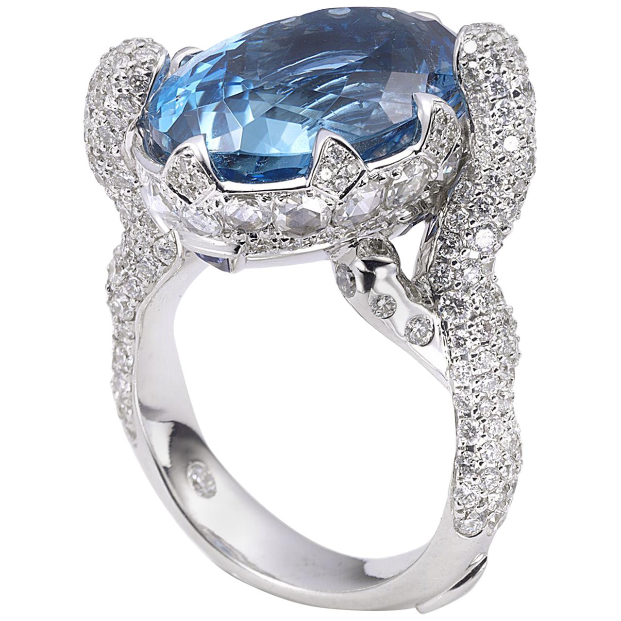 18 Karat White Gold Aquamarine and Diamond Cocktail Ring