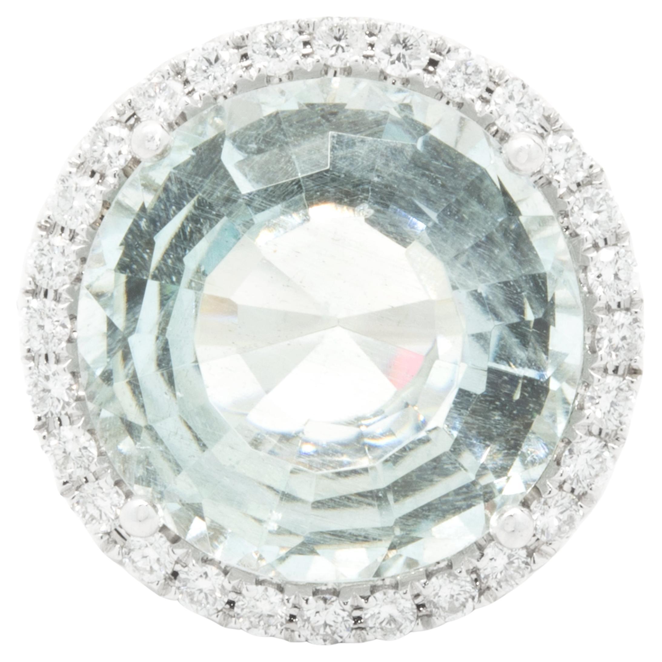 18 Karat White Gold Aquamarine and Diamond Halo Ring For Sale