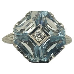 Bague aigue-marine et diamants en or blanc 18 carats, taille 6,5 #19732