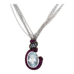 18 Karat White Gold Aquamarine and Ruby Pendant Necklace 20732061