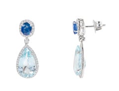 18 Karat White Gold Aquamarine, Blue Sapphire and Diamond Cocktail Drop Earrings