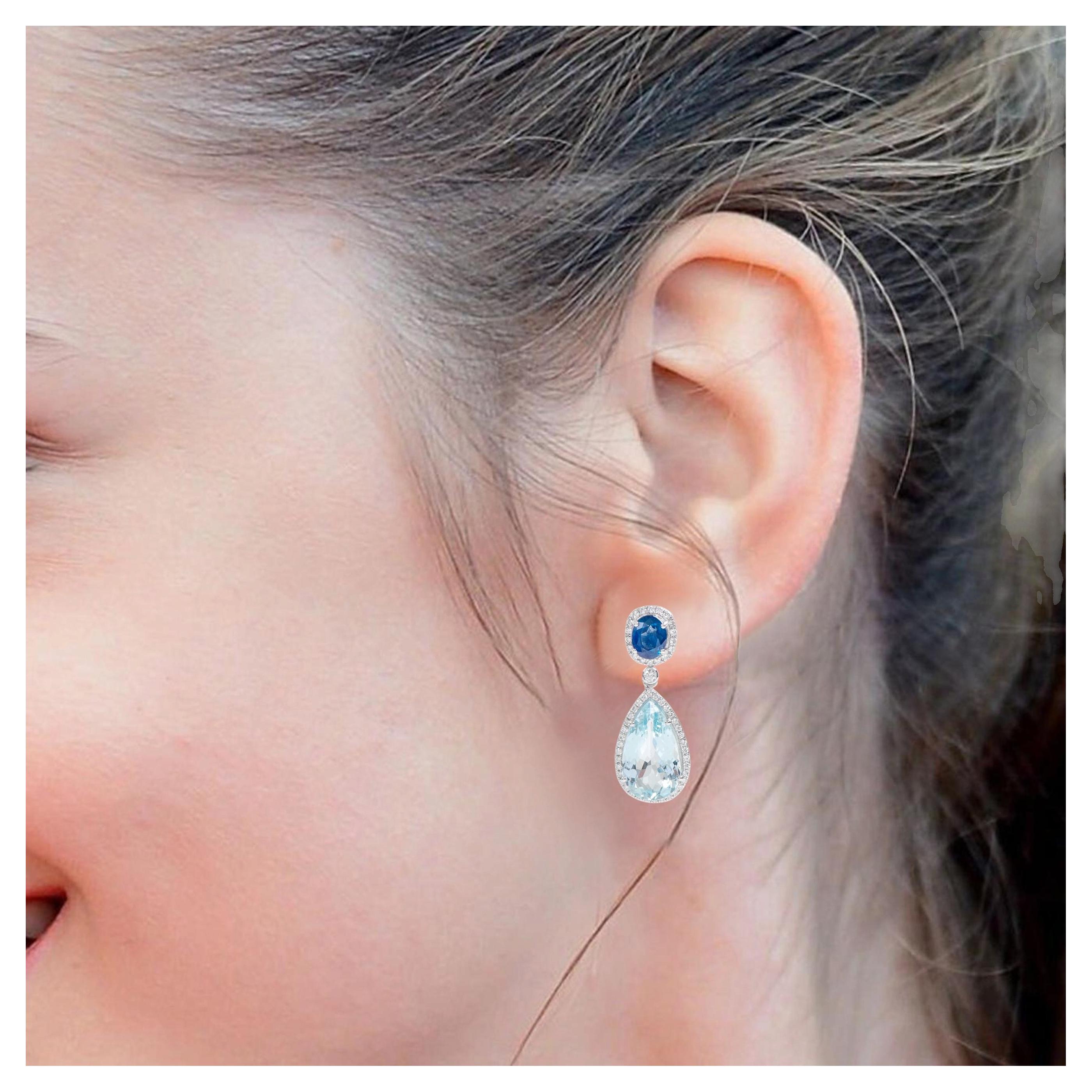 Orecchini a goccia da cocktail in oro bianco 18 carati con acquamarina, zaffiro blu e diamante in vendita