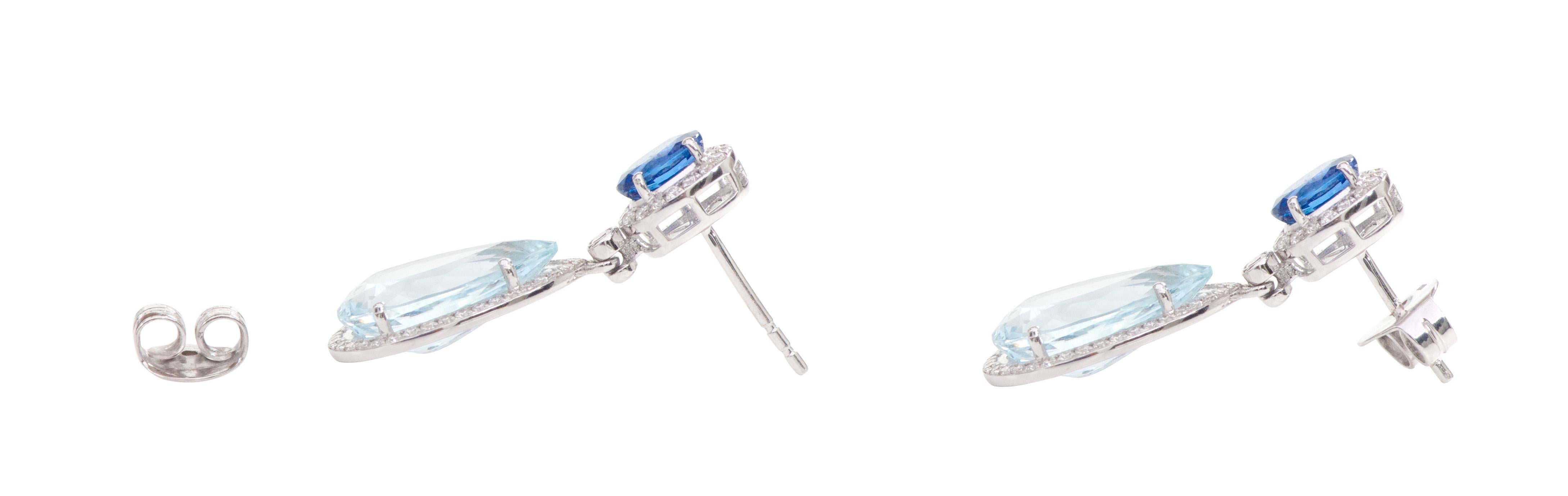Contemporary 18 Karat White Gold Aquamarine, Blue Sapphire and Diamond Cocktail Drop Earrings For Sale
