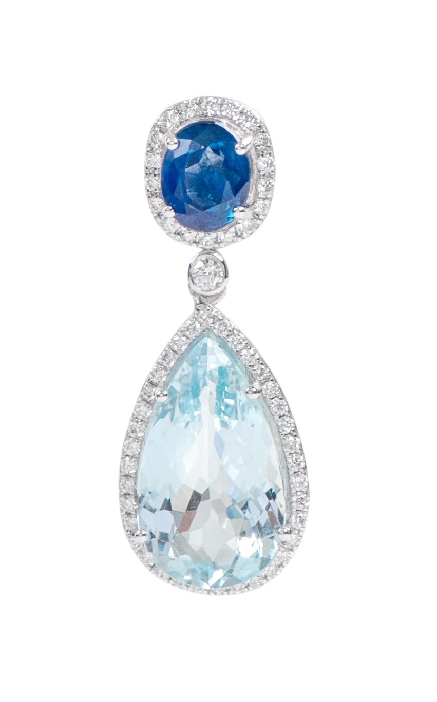 Pear Cut 18 Karat White Gold Aquamarine, Blue Sapphire and Diamond Cocktail Drop Earrings For Sale