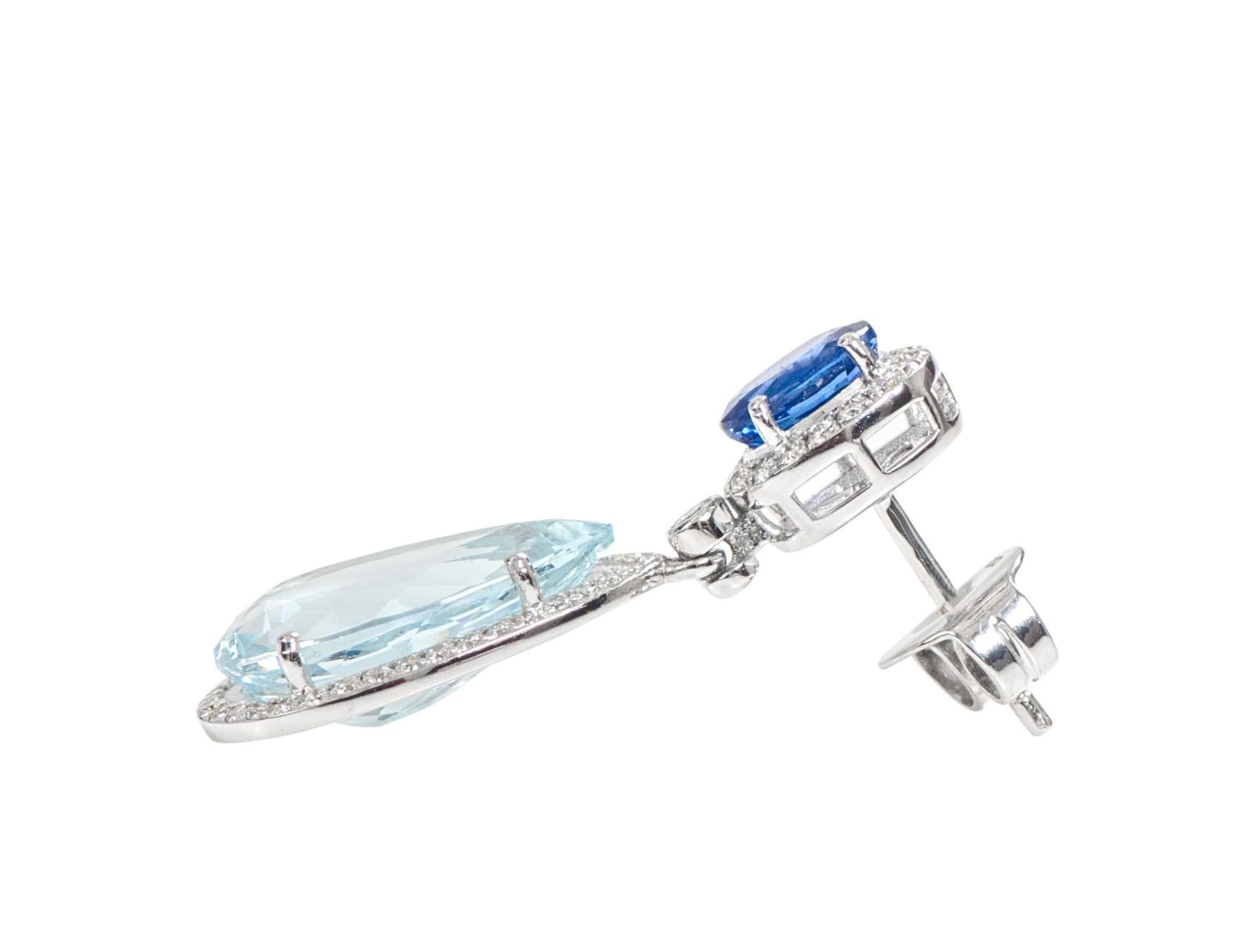 18 Karat White Gold Aquamarine, Blue Sapphire and Diamond Cocktail Drop Earrings In New Condition For Sale In Jaipur, IN