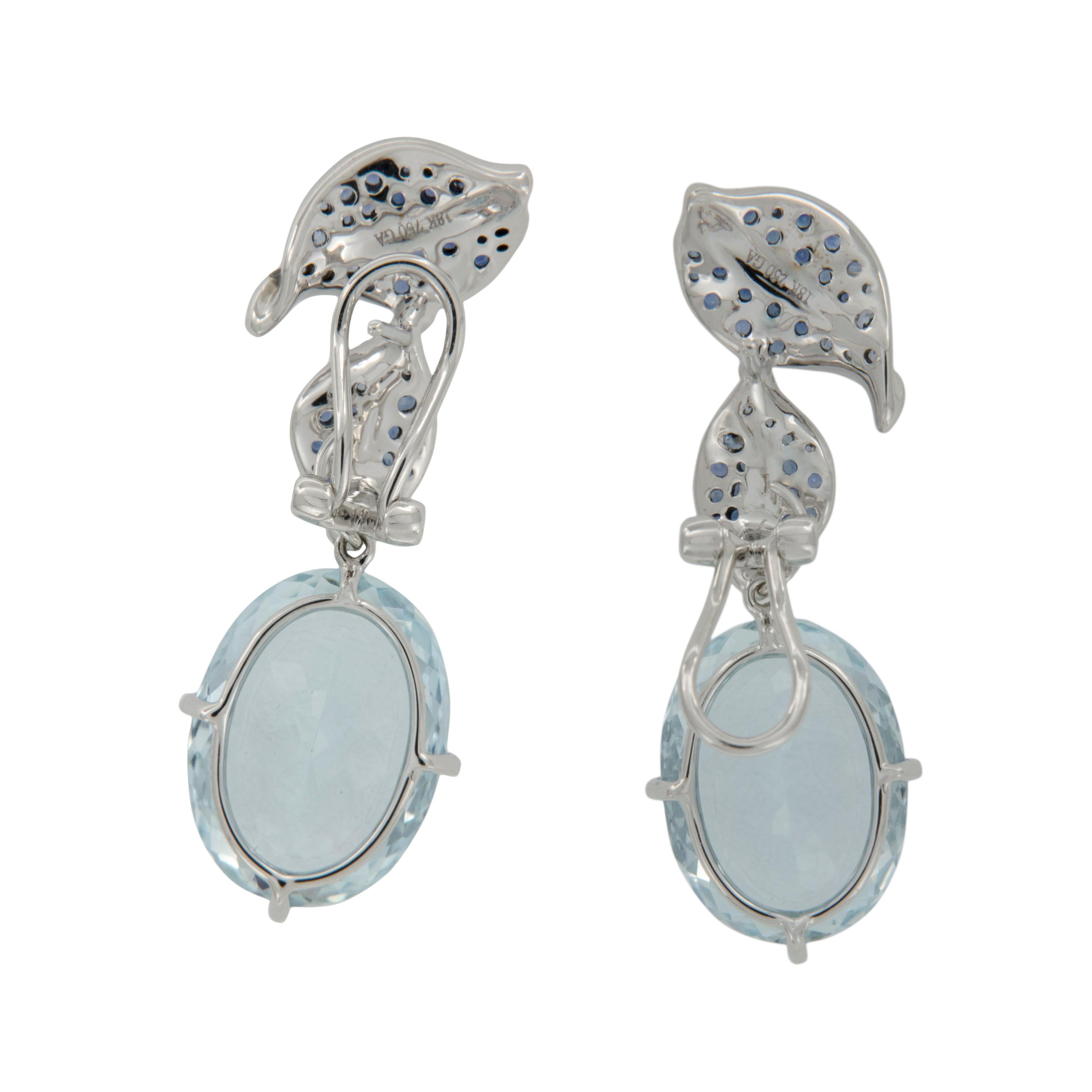 Oval Cut 18 Karat White Gold Aquamarine Blue Sapphire Diamond Drop Earrings